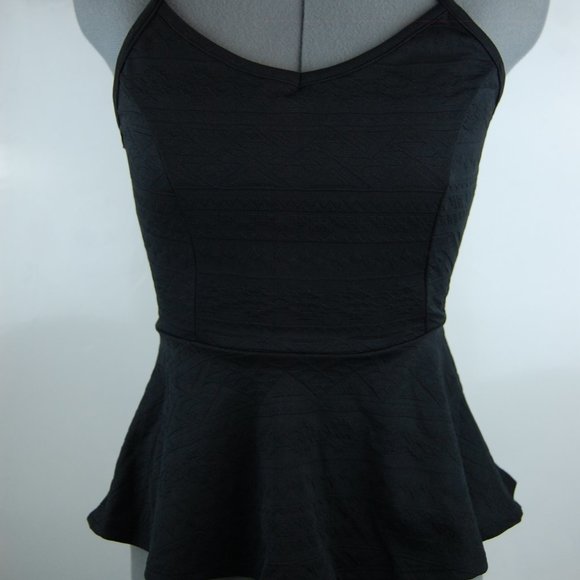 Black Textured Peplum Tank Cutout Back Strap Top - Picture 2 of 3